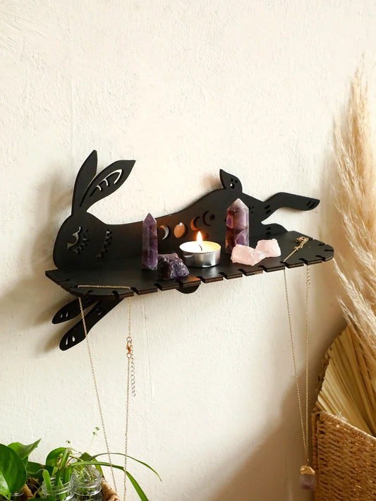 Gothic Black Running Rabbit Wall Shelf – Boho Wooden Floating Moon Phase Shelf