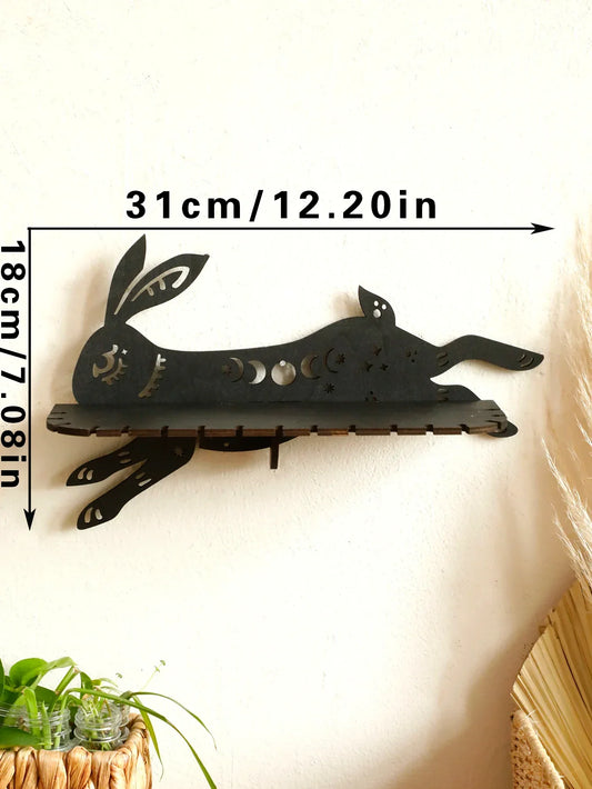 Gothic Black Running Rabbit Wall Shelf – Boho Wooden Floating Moon Phase Shelf